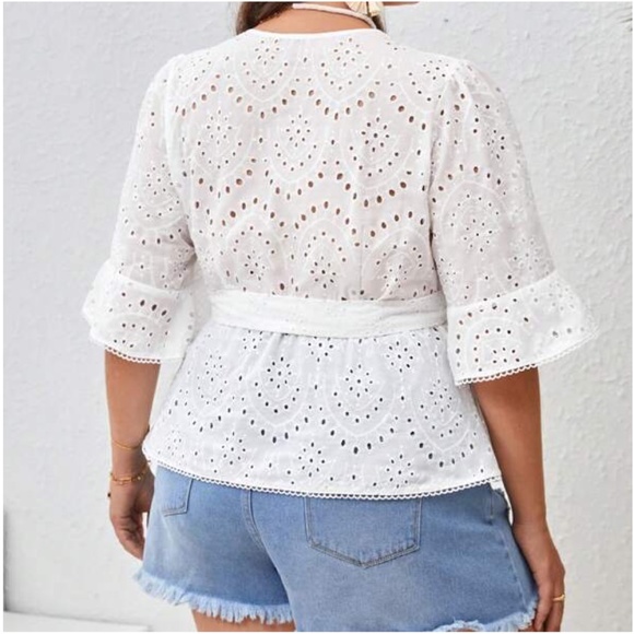Plus White Eyelet Belted Blouse - Picture 2 of 5